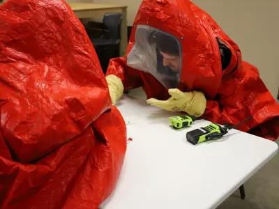 In a hazmat suit